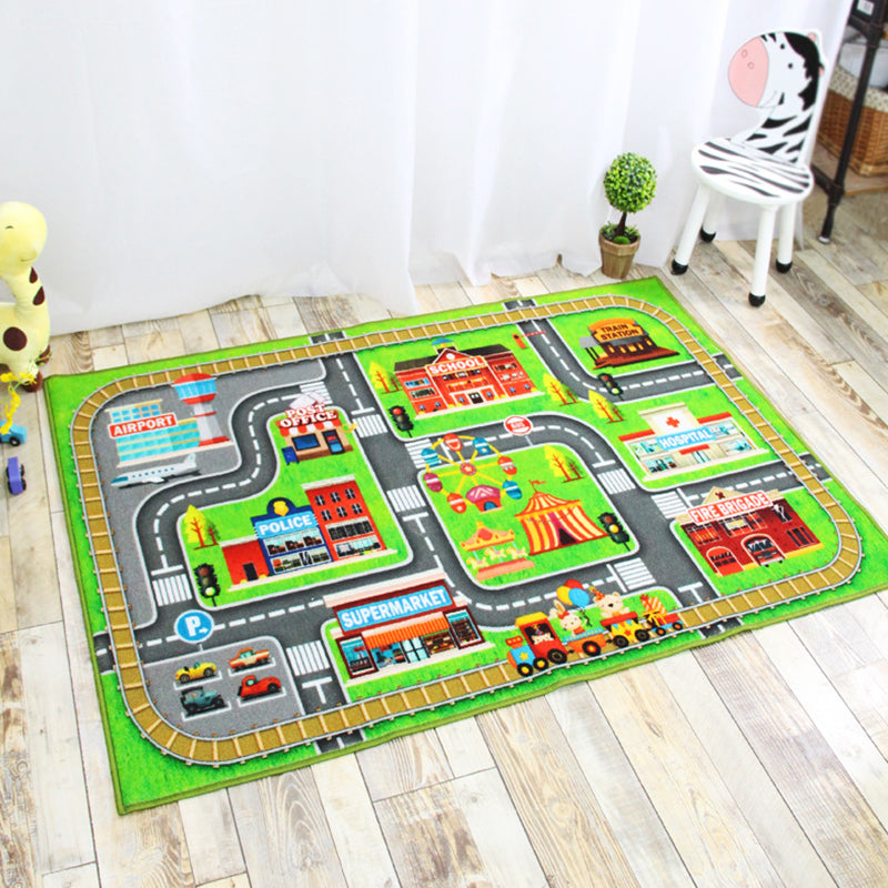 Funky Road Muster Teppich mit Gebäude Grün und Grau Kinder Teppich Polyester Tierfreundlich Waschbar Rutschfester Teppich für Dekoration