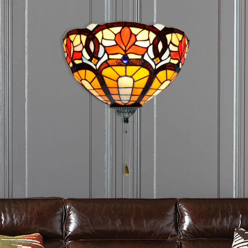 Frendorf | Glas-in-lood Kom Wandlamp met Bloem Patroon en Trekking 1 Licht Victoriaanse Wandlamp