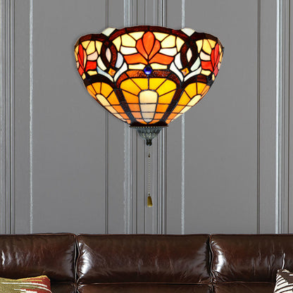 Frendorf | Glas-in-lood Kom Wandlamp met Bloem Patroon en Trekking 1 Licht Victoriaanse Wandlamp
