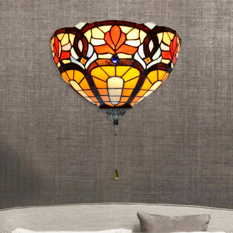 Frendorf | Glas-in-lood Kom Wandlamp met Bloem Patroon en Trekking 1 Licht Victoriaanse Wandlamp