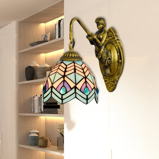 Frendorf | Pauwstaart Wandlamp Tiffany Multicolor Geëtst Glas 1 Hoofd Antiek Messing Wandmontage Lamp