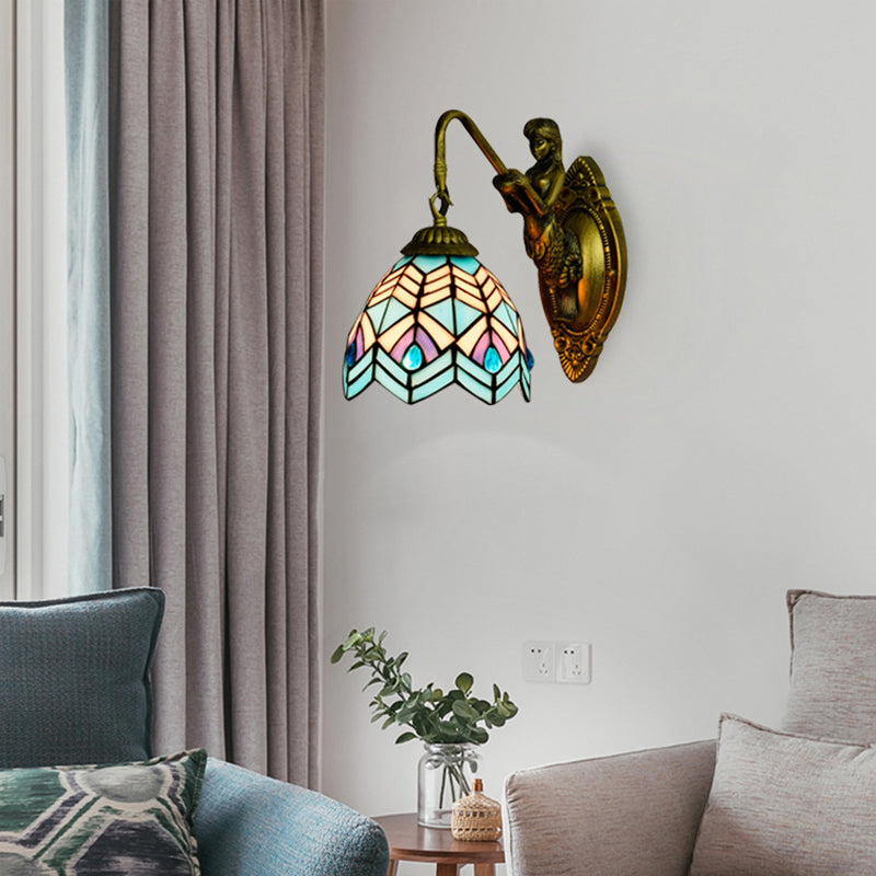 Frendorf | Pauwstaart Wandlamp Tiffany Multicolor Geëtst Glas 1 Hoofd Antiek Messing Wandmontage Lamp