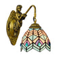 Frendorf | Pauwstaart Wandlamp Tiffany Multicolor Geëtst Glas 1 Hoofd Antiek Messing Wandmontage Lamp