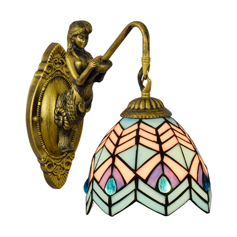 Frendorf | Pauwstaart Wandlamp Tiffany Multicolor Geëtst Glas 1 Hoofd Antiek Messing Wandmontage Lamp