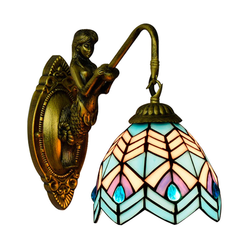 Frendorf | Pauwstaart Wandlamp Tiffany Multicolor Geëtst Glas 1 Hoofd Antiek Messing Wandmontage Lamp