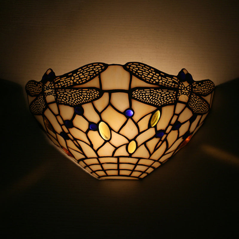 Frendorf | Witte Wandlamp Landelijke Stijl 1 Licht Wandlamp met Libellepatroon voor Slaapkamer