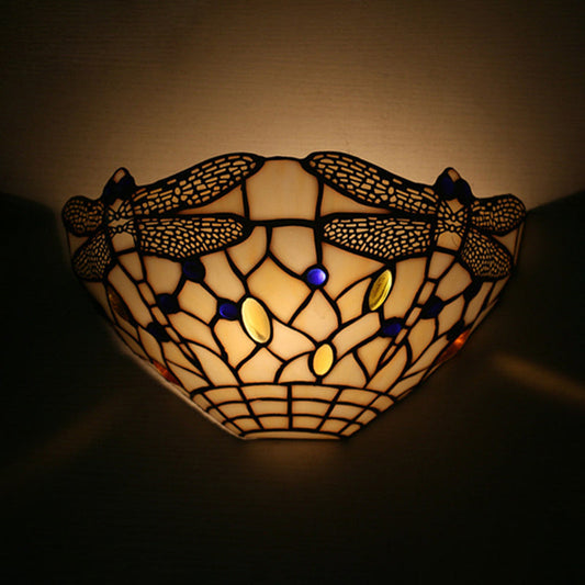 Frendorf | Witte Wandlamp Landelijke Stijl 1 Licht Wandlamp met Libellepatroon voor Slaapkamer
