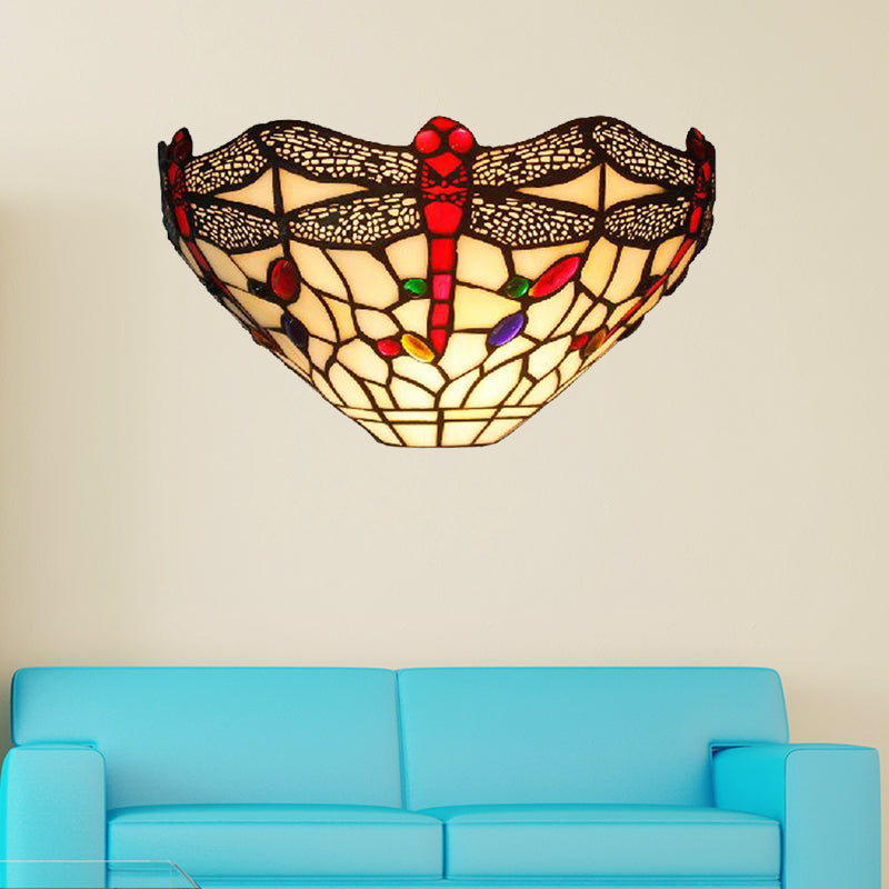 Frendorf | Art Deco Libelle Wandlamp met Kom Schaduw 1 Licht Rustiek Gekleurd Glas Wandlamp in Wit