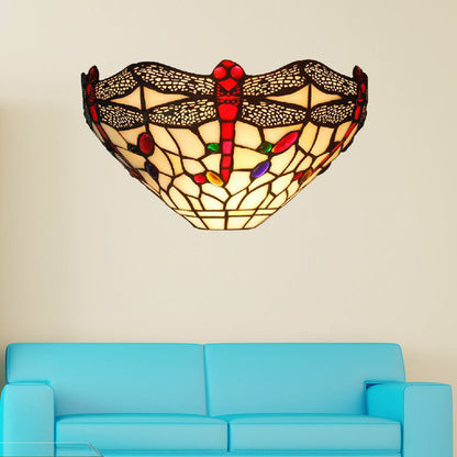 Frendorf | Art Deco Libelle Wandlamp met Kom Schaduw 1 Licht Rustiek Gekleurd Glas Wandlamp in Wit