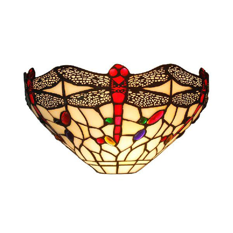 Frendorf | Art Deco Libelle Wandlamp met Kom Schaduw 1 Licht Rustiek Gekleurd Glas Wandlamp in Wit