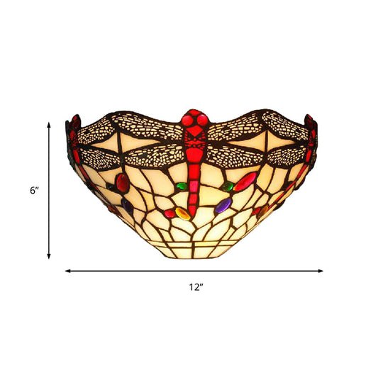 Frendorf | Art Deco Libelle Wandlamp met Kom Schaduw 1 Licht Rustiek Gekleurd Glas Wandlamp in Wit