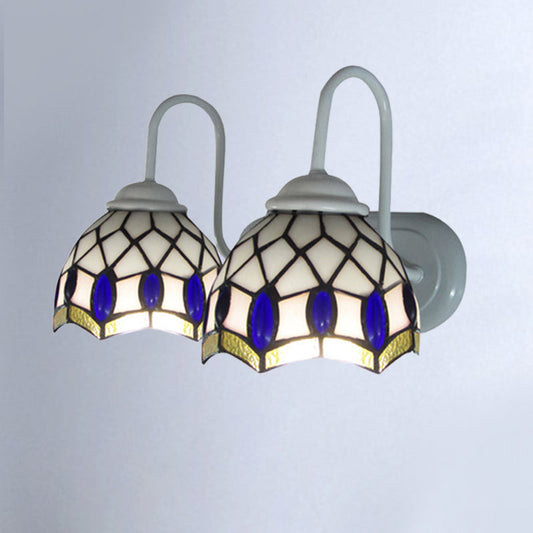 Frendorf | Witte Koepel Wandlamp Tiffany 2 Koppen Gevlekt Glas Wandgemonteerde Lamp met Blauwe Sieraad Decoratie