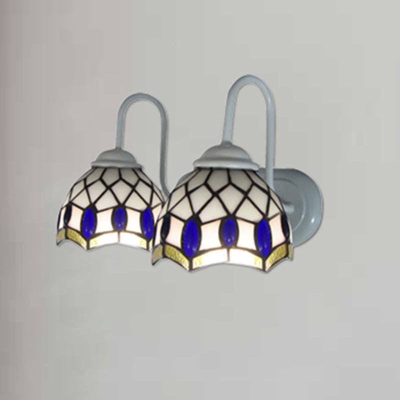 Frendorf | Witte Koepel Wandlamp Tiffany 2 Koppen Gevlekt Glas Wandgemonteerde Lamp met Blauwe Sieraad Decoratie