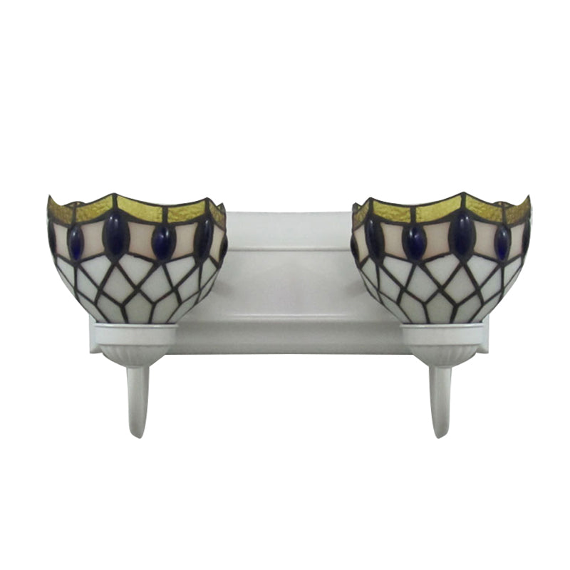 Frendorf | Witte Koepel Wandlamp Tiffany 2 Koppen Gevlekt Glas Wandgemonteerde Lamp met Blauwe Sieraad Decoratie