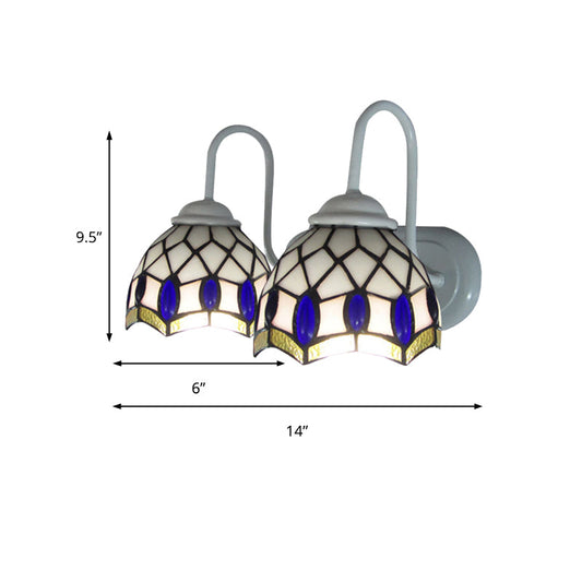Frendorf | Witte Koepel Wandlamp Tiffany 2 Koppen Gevlekt Glas Wandgemonteerde Lamp met Blauwe Sieraad Decoratie