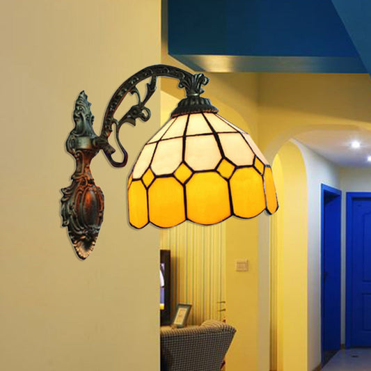 Frendorf | Gelbe Dome Wandmontage Beleuchtung Tiffany Stil 1 Licht Wand Scone Lampe mit gebogenem Arm
