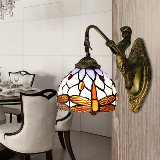 Frendorf | Antieke Messing Libelle Wandlamp Tiffany 1 Hoofd Witte Glazen Wandgemonteerde Verlichting