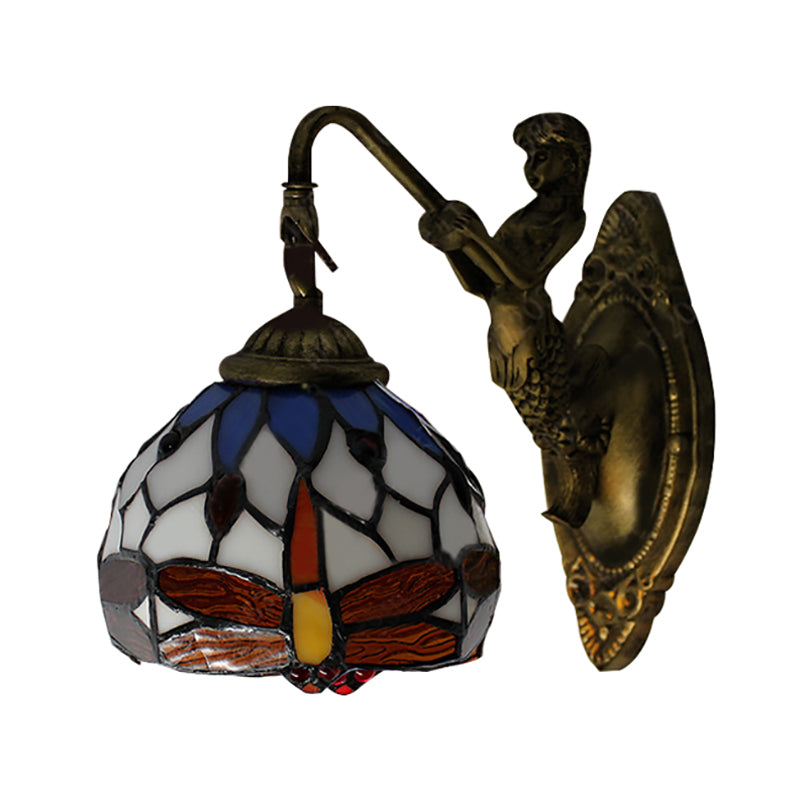 Frendorf | Antieke Messing Libelle Wandlamp Tiffany 1 Hoofd Witte Glazen Wandgemonteerde Verlichting
