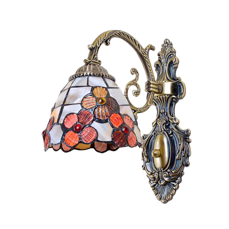 Frendorf | Schalenförmige Wandmontage Leuchte mit Buntglas 1-Licht Wandbeleuchtung mit Blumenmuster in Antikmessing