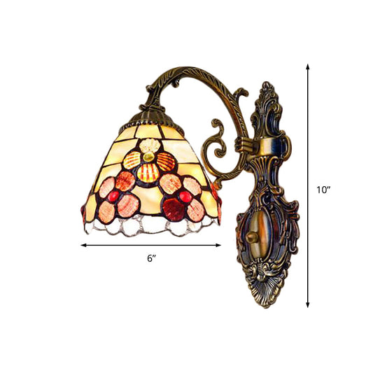 Frendorf | Schalenförmige Wandmontage Leuchte mit Buntglas 1-Licht Wandbeleuchtung mit Blumenmuster in Antikmessing