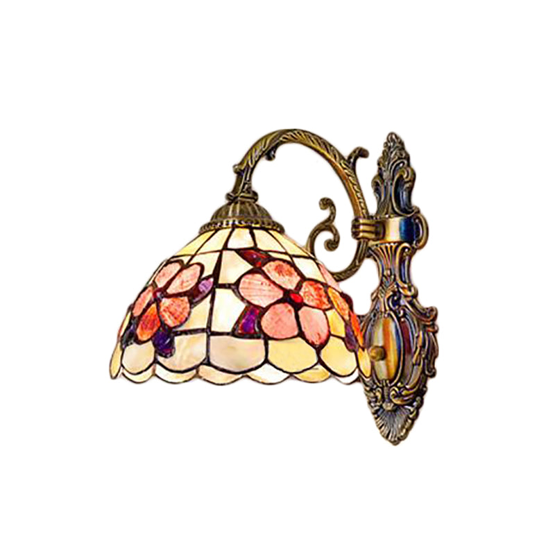 Frendorf | Schalenförmige Wandmontage Leuchte mit Buntglas 1-Licht Wandbeleuchtung mit Blumenmuster in Antikmessing