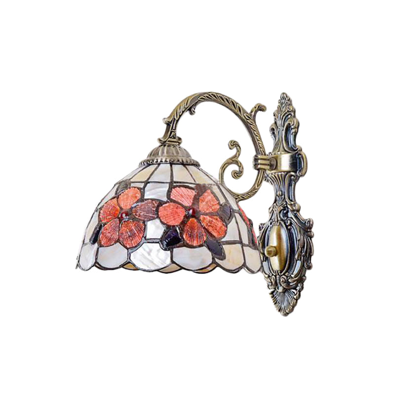 Frendorf | Schalenförmige Wandmontage Leuchte mit Buntglas 1-Licht Wandbeleuchtung mit Blumenmuster in Antikmessing