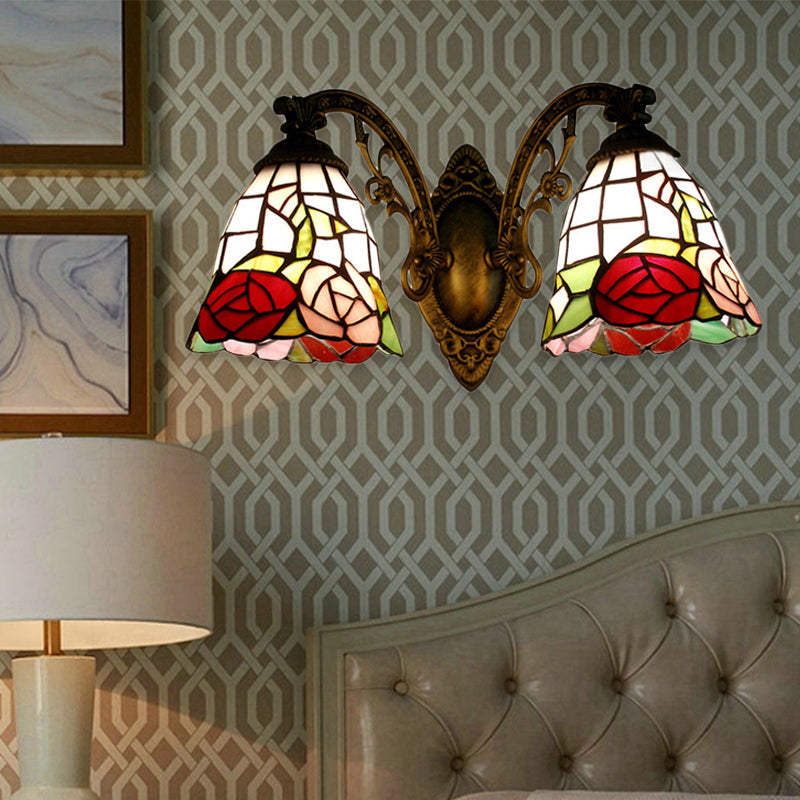Frendorf | Tiffany Stil Wandlamp Glas Geschilderd 2 Lichten Wandlamp met Rozenpatroon in Bronzen Afwerking