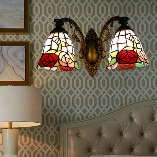 Frendorf | Tiffany Stil Wandlamp Glas Geschilderd 2 Lichten Wandlamp met Rozenpatroon in Bronzen Afwerking