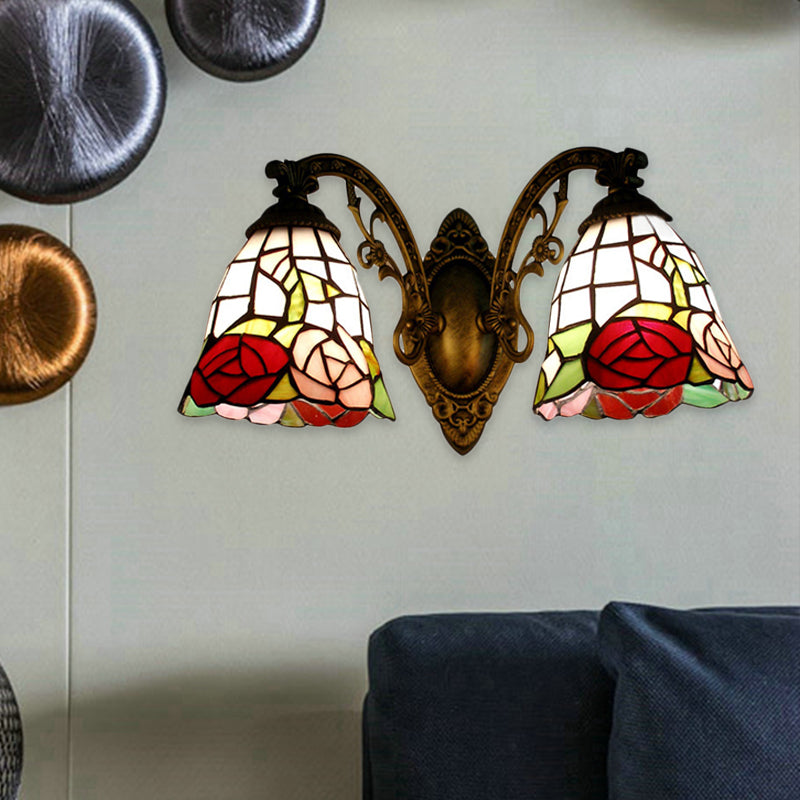 Frendorf | Tiffany Stil Wandlamp Glas Geschilderd 2 Lichten Wandlamp met Rozenpatroon in Bronzen Afwerking