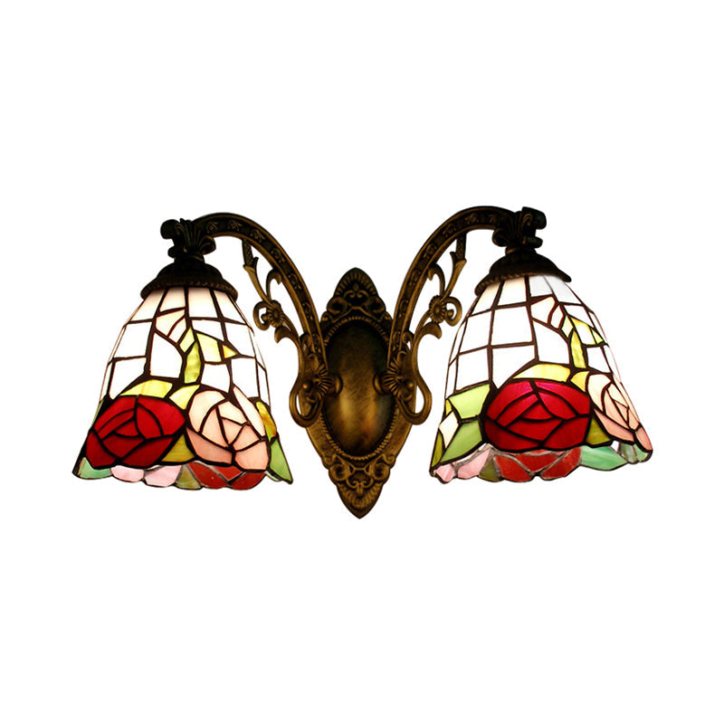 Frendorf | Tiffany Stil Wandlamp Glas Geschilderd 2 Lichten Wandlamp met Rozenpatroon in Bronzen Afwerking