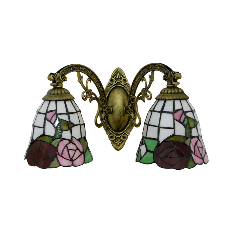 Frendorf | Tiffany Stil Wandlamp Glas Geschilderd 2 Lichten Wandlamp met Rozenpatroon in Bronzen Afwerking