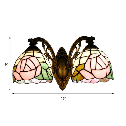 Frendorf | Tiffany Stil Wandlamp Glas Geschilderd 2 Lichten Wandlamp met Rozenpatroon in Bronzen Afwerking