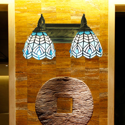 Tiffany Stil Kuppel Wandbeleuchtung Buntglas 2 Köpfe Dekorative Wandlampe Licht in Blau