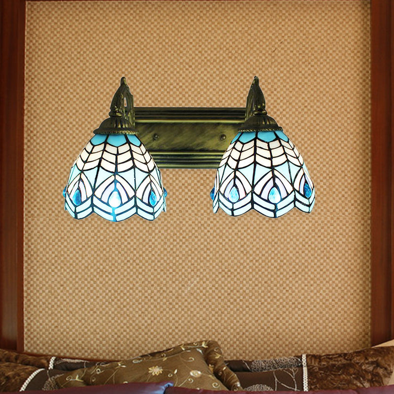 Tiffany Stil Kuppel Wandbeleuchtung Buntglas 2 Köpfe Dekorative Wandlampe Licht in Blau