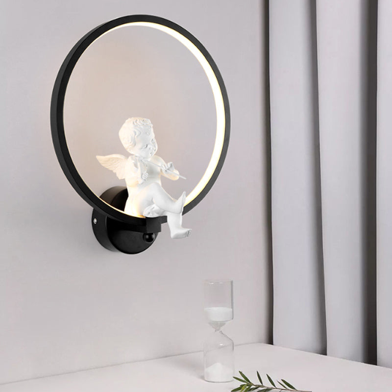 Frendorf | Moderne Ring Wandlamp met Kleine Engel Metaal Zwarte Wandlamp voor Woonkamer