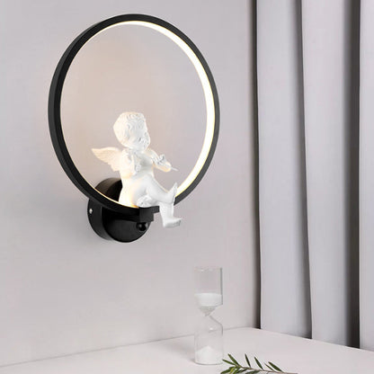 Frendorf | Moderne Ring Wandlamp met Kleine Engel Metaal Zwarte Wandlamp voor Woonkamer