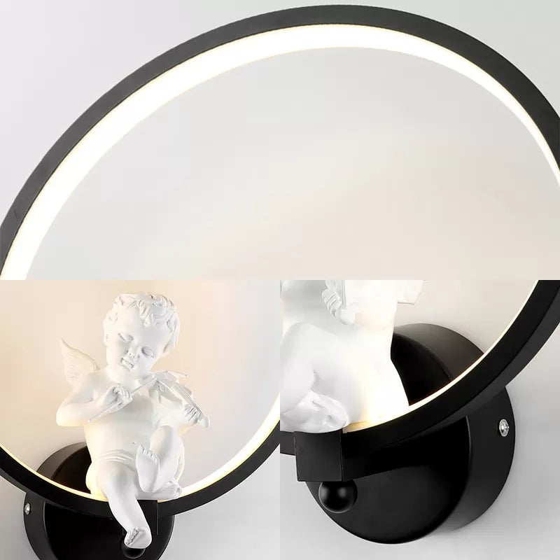 Frendorf | Moderne Ring Wandlamp met Kleine Engel Metaal Zwarte Wandlamp voor Woonkamer