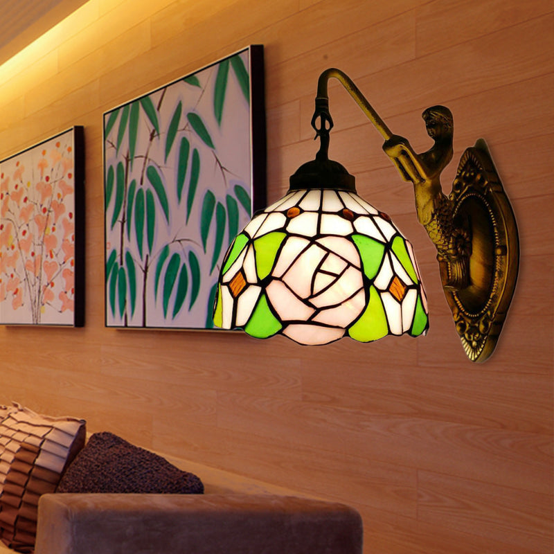 Frendorf | Tiffany 1 Hoofdmontage Licht Roze/Groen-Roze Kom Wandlamp met Geel Kleurig Glas en Zeemeermin Achterplaat