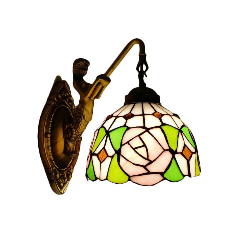 Frendorf | Tiffany 1 Hoofdmontage Licht Roze/Groen-Roze Kom Wandlamp met Geel Kleurig Glas en Zeemeermin Achterplaat