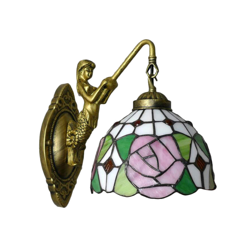 Frendorf | Tiffany 1 Hoofdmontage Licht Roze/Groen-Roze Kom Wandlamp met Geel Kleurig Glas en Zeemeermin Achterplaat