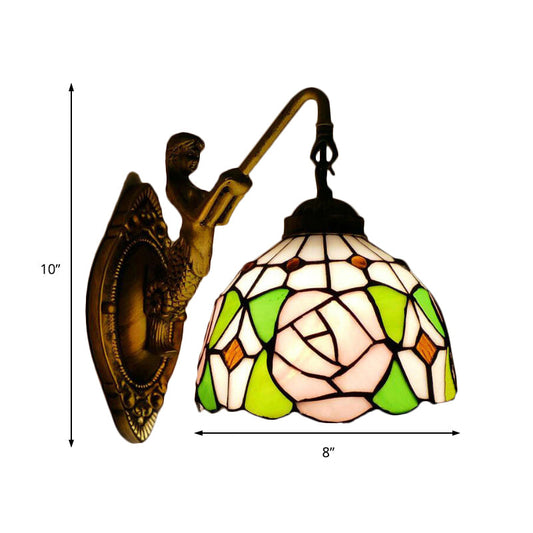 Frendorf | Tiffany 1 Hoofdmontage Licht Roze/Groen-Roze Kom Wandlamp met Geel Kleurig Glas en Zeemeermin Achterplaat