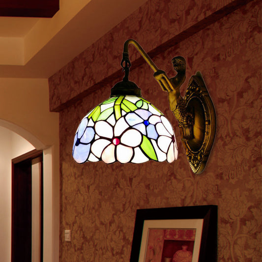 Frendorf | Tiffany 1 Hoofdmontage Licht Roze/Groen-Roze Kom Wandlamp met Geel Kleurig Glas en Zeemeermin Achterplaat