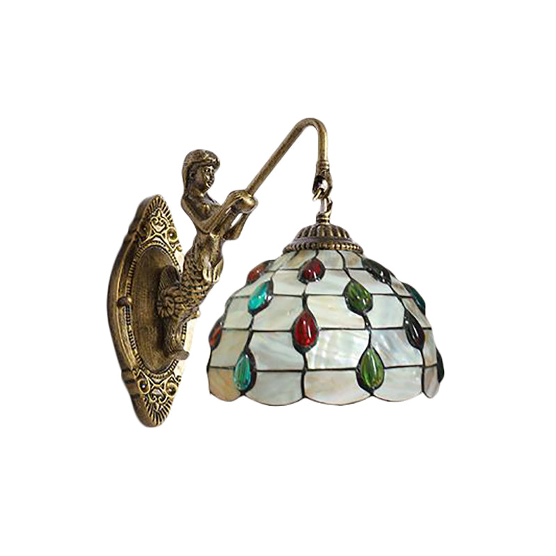 Frendorf | Beaded Wandleuchte Tiffany Beige Glas 1 Kopf Messing Wandmontage Licht mit Meerjungfrau Rückplatte