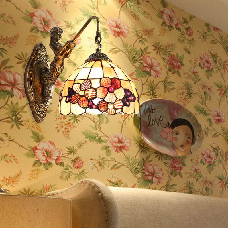 Frendorf | Victorian Dome Wandlamp Licht Beige Glas 1 Kop Bedzijde Wandmontage Licht met Bloemenpatroon
