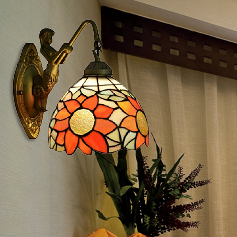 Frendorf | 1 Kopf Flur Wandmontierte Licht Tiffany Orange Wandlampe mit Sonnenblume Buntglasschirm