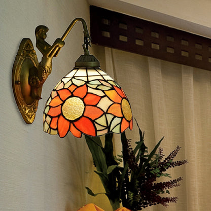 Frendorf | 1 Kopf Flur Wandmontierte Licht Tiffany Orange Wandlampe mit Sonnenblume Buntglasschirm