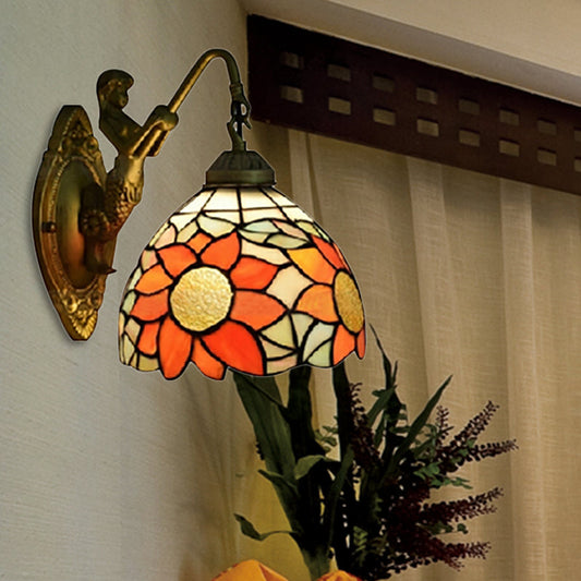 Frendorf | 1 Kopf Flur Wandmontierte Licht Tiffany Orange Wandlampe mit Sonnenblume Buntglasschirm