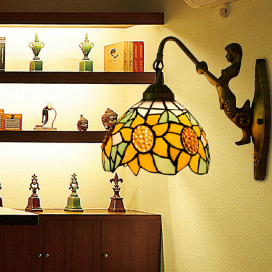 Frendorf | Sonnenblumen Gelbe Glas Wandleuchte Tiffany 1 Kopf Bronze Wandmontierte Leuchte mit Meerjungfrauen Dekoration