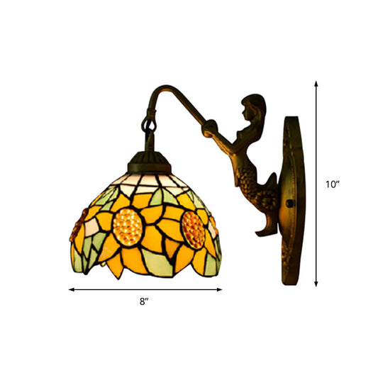 Frendorf | Sonnenblumen Gelbe Glas Wandleuchte Tiffany 1 Kopf Bronze Wandmontierte Leuchte mit Meerjungfrauen Dekoration