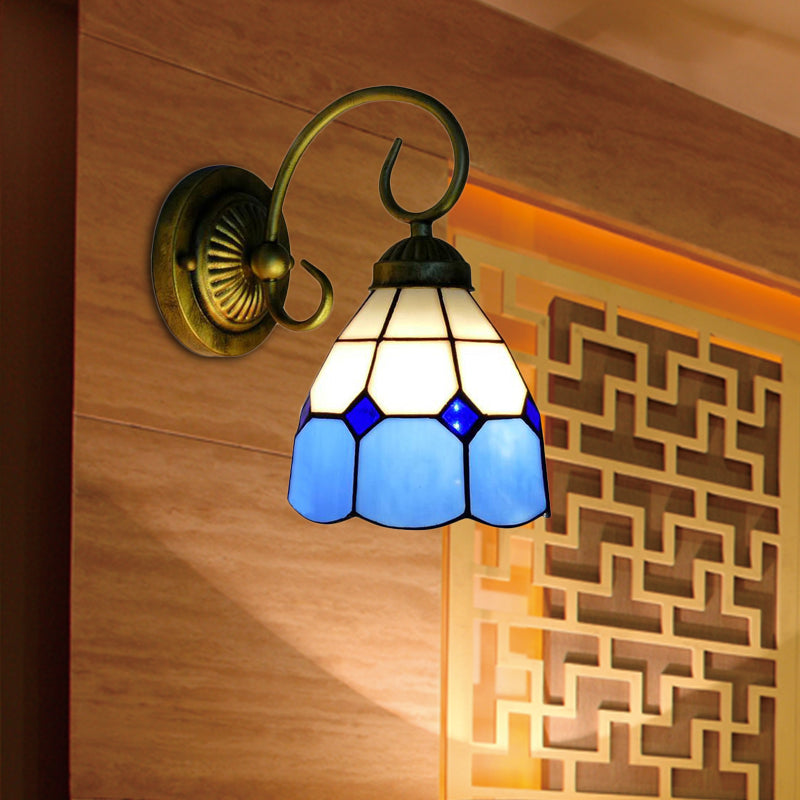 Frendorf | 1 Kopf Schüssel Wandlicht Leuchte Tiffany Orange/Blau/Rosa Glas Wandleuchte mit gebogenem Arm für Flur